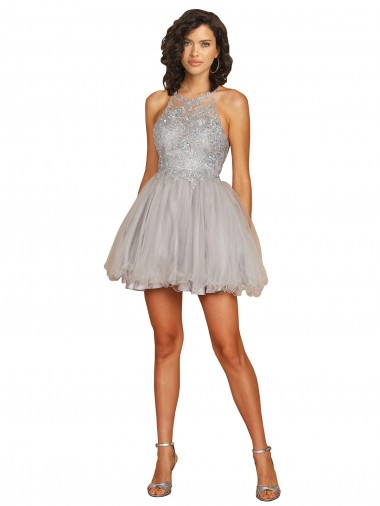 Argent Trapèze Licou Courte Tulle Courte Robes demoiselle d'honneur / Robes de cocktail Prix Réduit