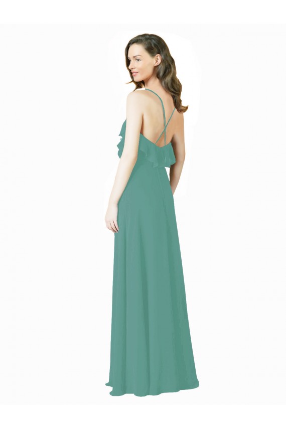 Argent islandais Trapèze Bretelles spaghetti Col V Mousseline Longue Robes demoiselle d'honneur Prix Réduit