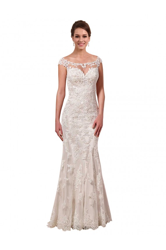 Blanc Fourreau Bateau Illusion Dentelle Robes de mariée Prix Réduit