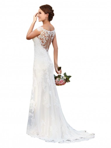 Blanc Fourreau Bateau Illusion Dentelle Robes de mariée Prix Réduit