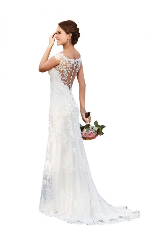 Blanc Fourreau Bateau Illusion Dentelle Robes de mariée Prix Réduit