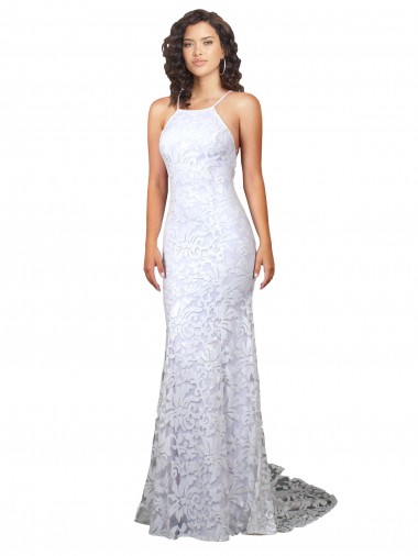 Blanc Fourreau Col Haut Balayage train Dentelle Robes de mariée Prix Réduit
