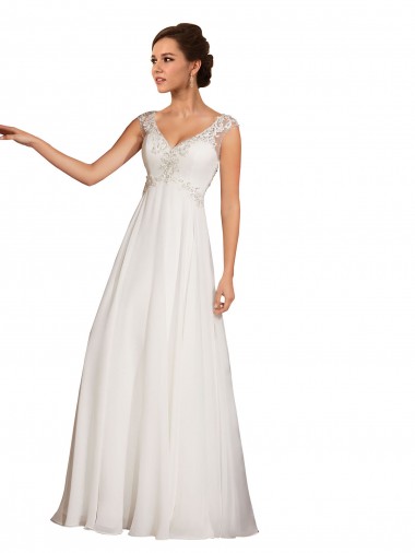 Blanc Fourreau Col V Mousseline Dentelle Robes de mariée Prix Réduit