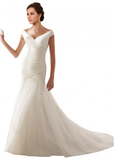 Blanc Fourreau Épaule Dénudée Tulle Robes de mariée Prix Réduit