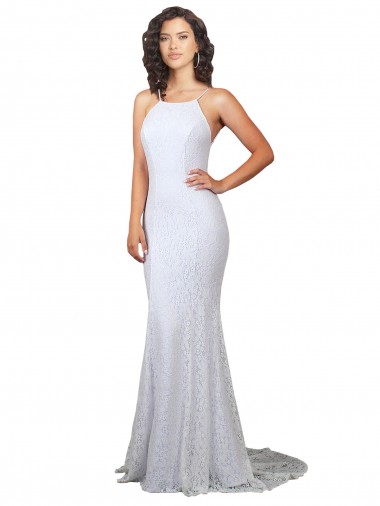 Blanc Sirène Col Haut Balayage train Dentelle Robes de mariée Prix Réduit