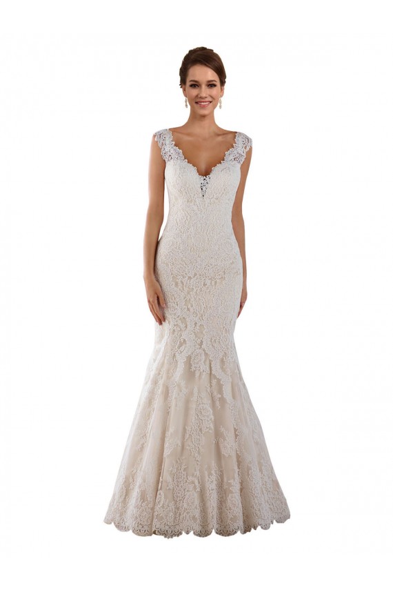 Blanc Sirène Col V Dentelle Robes de mariée Prix Réduit