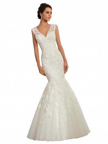 Blanc Sirène Col V Tulle Dentelle Robes de mariée Prix Réduit