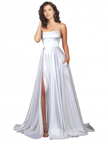 Blanc Trapèze Bretelles spaghetti Satiné Stretch Simple Plage Robes de mariée Prix Réduit