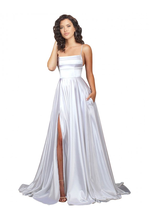 Blanc Trapèze Bretelles spaghetti Satiné Stretch Simple Plage Robes de mariée Prix Réduit