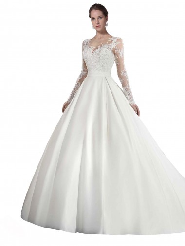 Blanc Trapèze Illusion Traîne cathédrale Satiné Dentelle Robes de mariée Prix Réduit