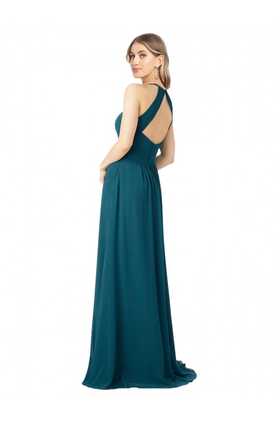 Bleu Windsor Trapèze Col Haut Mousseline Longue Robes demoiselle d'honneur Prix Réduit