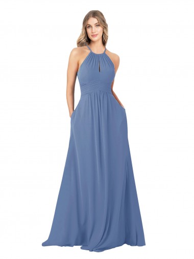 Bleu Windsor Trapèze Col Haut Mousseline Longue Robes demoiselle d'honneur Prix Réduit