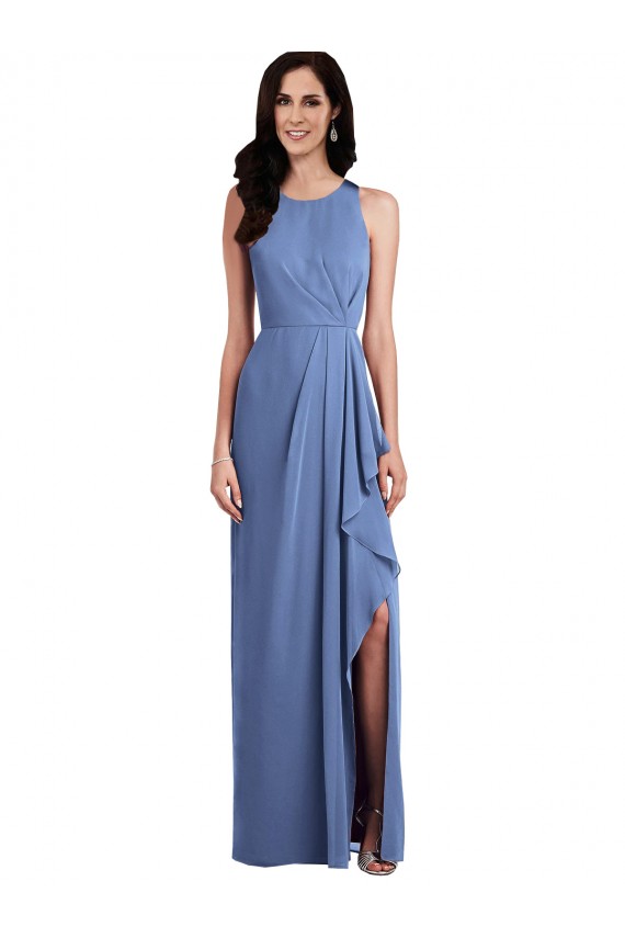 Bleu Windsor Trapèze Col bijou Mousseline Longue Robes demoiselle d'honneur Prix Réduit