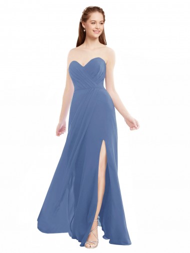Bleu Windsor Trapèze Sans bretelle Mousseline Longue Robes demoiselle d'honneur Prix Réduit