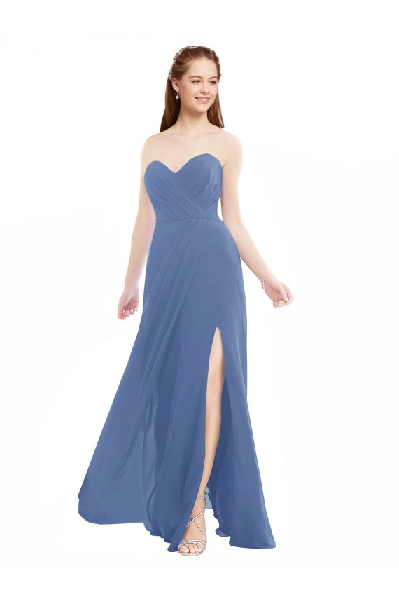 Bleu Windsor Trapèze Sans bretelle Mousseline Longue Robes demoiselle d'honneur Prix Réduit