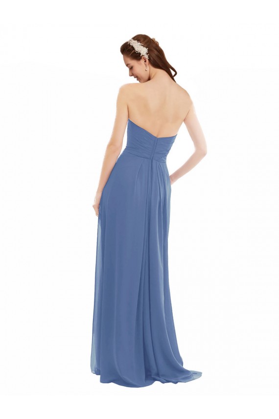 Bleu Windsor Trapèze Sans bretelle Mousseline Longue Robes demoiselle d'honneur Prix Réduit