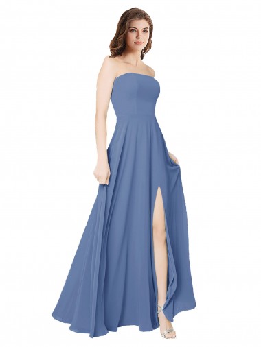 Bleu Windsor Trapèze Sans bretelle Mousseline Longue Robes demoiselle d'honneur Prix Réduit