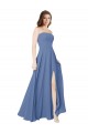 Bleu Windsor Trapèze Sans bretelle Mousseline Longue Robes demoiselle d'honneur Prix Réduit