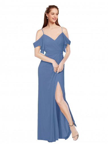 Bleu Windsor Trapèze Épaule Dénudée Mousseline Longue Robes demoiselle d'honneur Prix Réduit