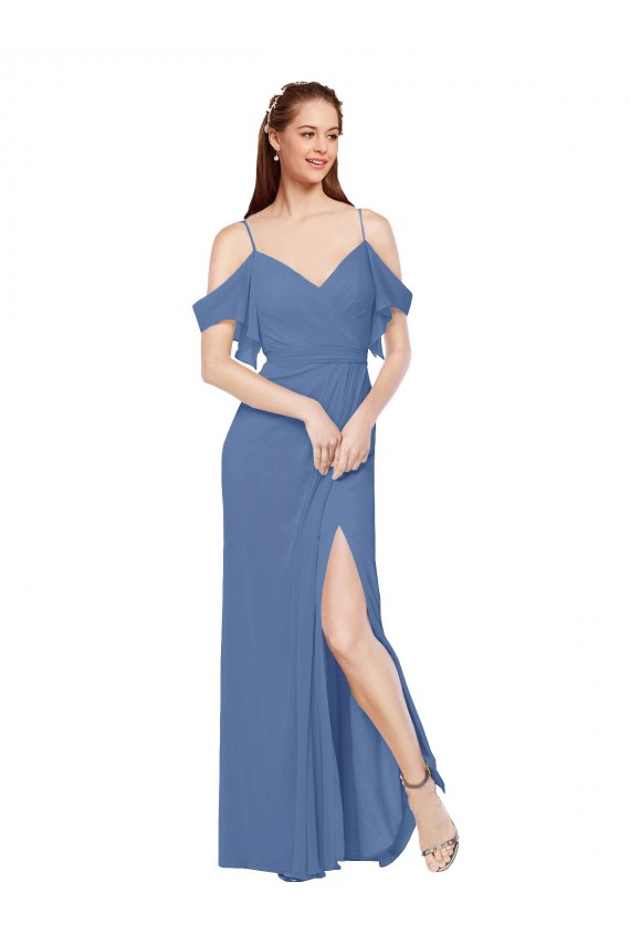 Bleu Windsor Trapèze Épaule Dénudée Mousseline Longue Robes demoiselle d'honneur Prix Réduit