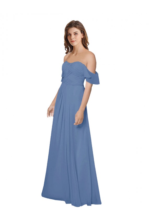 Bleu Windsor Trapèze Épaule Dénudée Sans bretelle Mousseline Longue Robes demoiselle d'honneur Prix Réduit