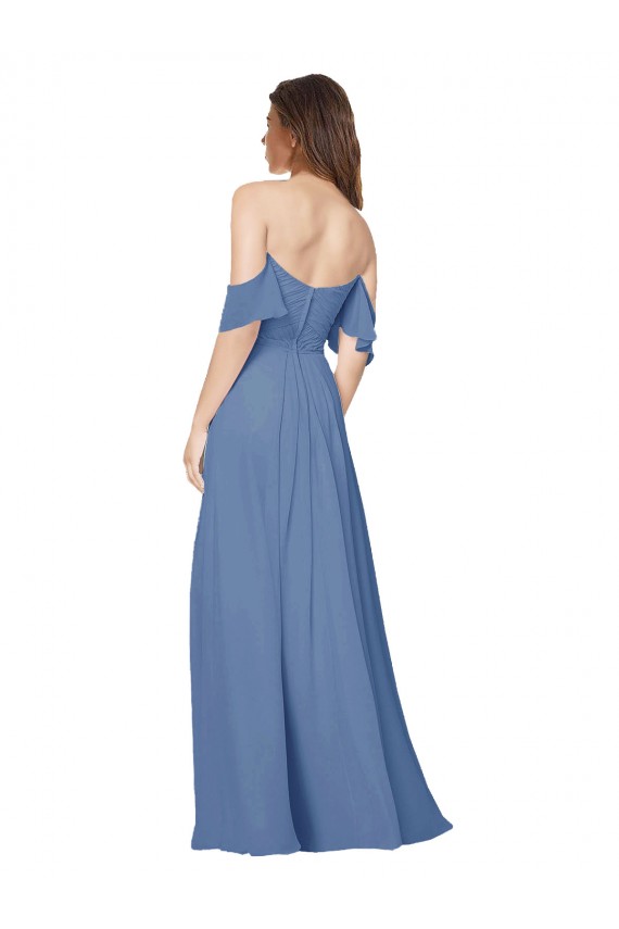 Bleu Windsor Trapèze Épaule Dénudée Sans bretelle Mousseline Longue Robes demoiselle d'honneur Prix Réduit