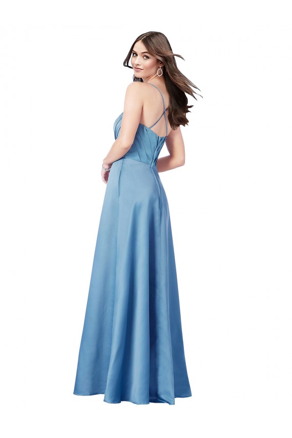 Bleu ciel Fourreau Bretelles spaghetti Col Carré Satiné Longue Formelles Robes demoiselle d'honneur / Robes de soirée / Robes de bal Prix Réduit