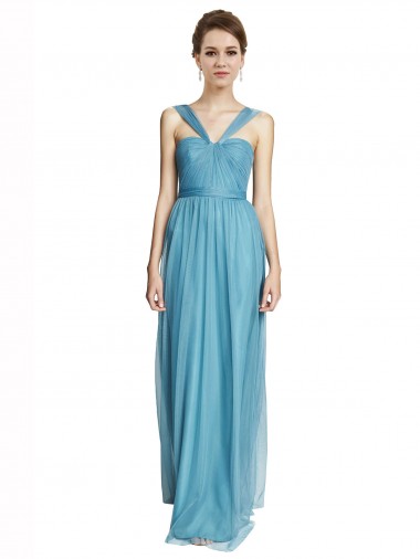 Bleu ciel Trapèze Bretelles spaghetti Col V Tulle Longue Robes demoiselle d'honneur Prix Réduit