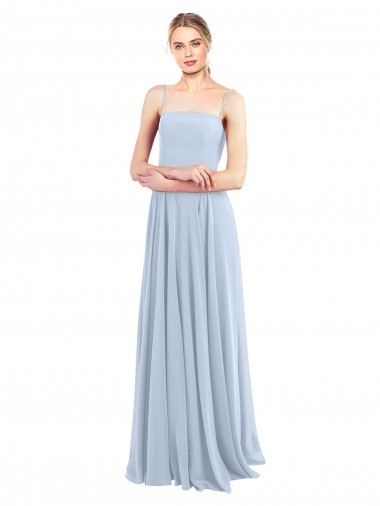 Bleu ciel clair Trapèze Bretelles spaghetti Col Carré Mousseline Longue Robes demoiselle d'honneur Prix Réduit