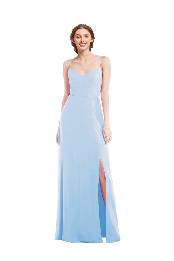 Bleu ciel clair Trapèze Bretelles spaghetti Col V Mousseline Longue Formelles Robes demoiselle d'honneur / Robes de soirée Prix Réduit