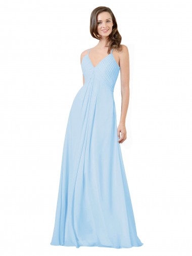 Bleu ciel clair Trapèze Bretelles spaghetti Col V Mousseline Longue Robes demoiselle d'honneur Prix Réduit