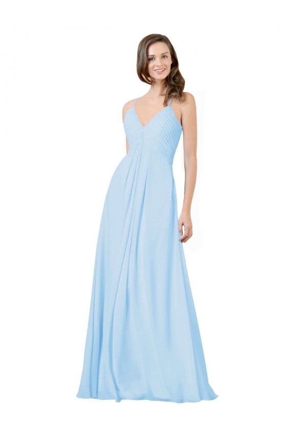 Bleu ciel clair Trapèze Bretelles spaghetti Col V Mousseline Longue Robes demoiselle d'honneur Prix Réduit