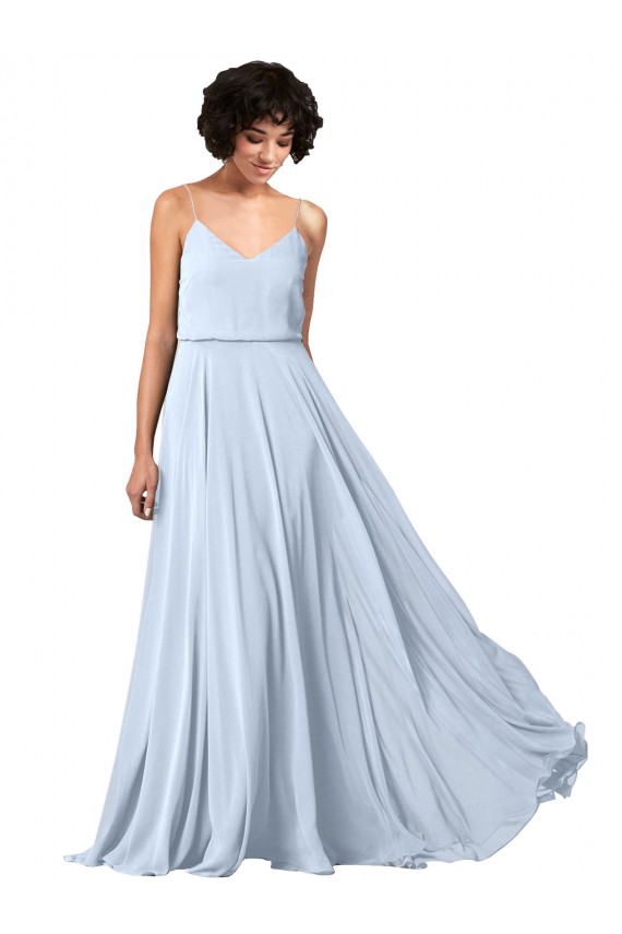 Bleu ciel clair Trapèze Bretelles spaghetti Col V Mousseline Longue Robes demoiselle d'honneur Prix Réduit