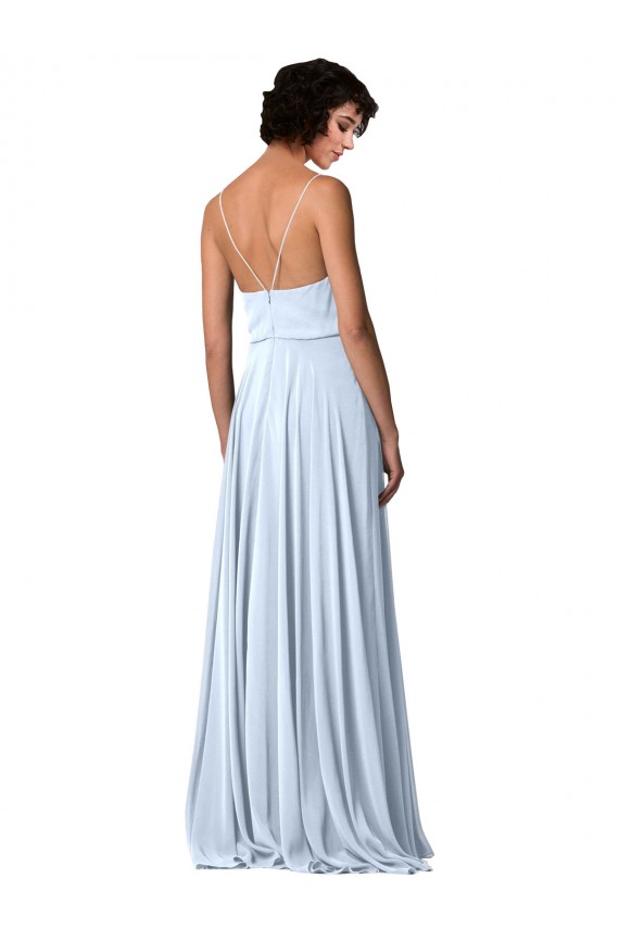 Bleu ciel clair Trapèze Bretelles spaghetti Col V Mousseline Longue Robes demoiselle d'honneur Prix Réduit
