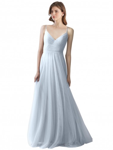 Bleu ciel clair Trapèze Bretelles spaghetti Col V Tulle Longue Robes demoiselle d'honneur Prix Réduit