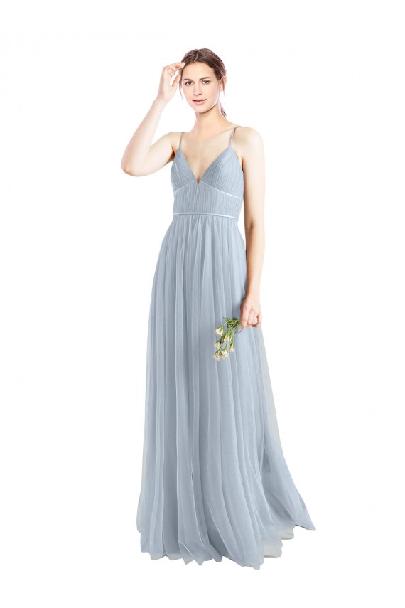 Bleu ciel clair Trapèze Bretelles spaghetti Col V Tulle Longue Robes demoiselle d'honneur Prix Réduit