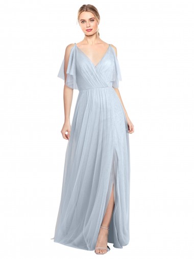 Bleu ciel clair Trapèze Bretelles spaghetti Col V Tulle Longue Robes demoiselle d'honneur Prix Réduit