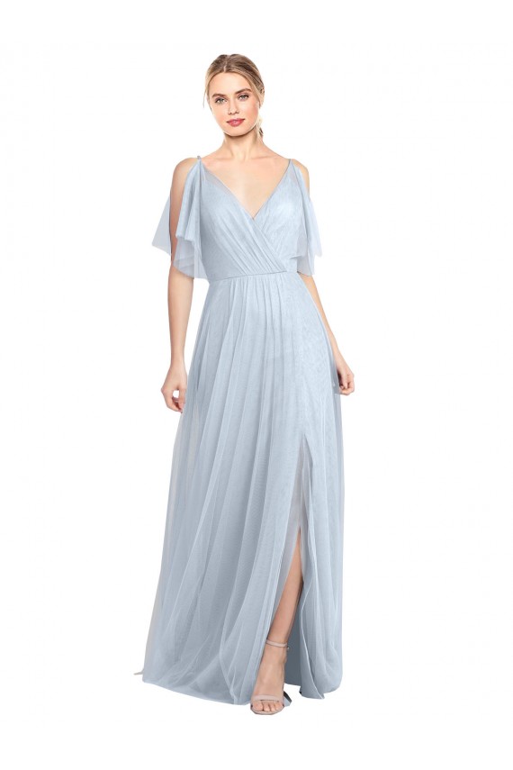 Bleu ciel clair Trapèze Bretelles spaghetti Col V Tulle Longue Robes demoiselle d'honneur Prix Réduit