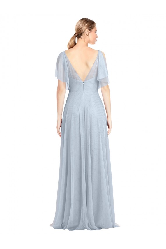 Bleu ciel clair Trapèze Bretelles spaghetti Col V Tulle Longue Robes demoiselle d'honneur Prix Réduit