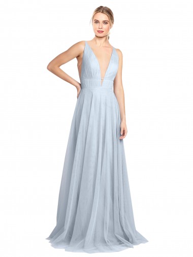 Bleu ciel clair Trapèze Bretelles spaghetti Col V Tulle Longue Robes demoiselle d'honneur Prix Réduit