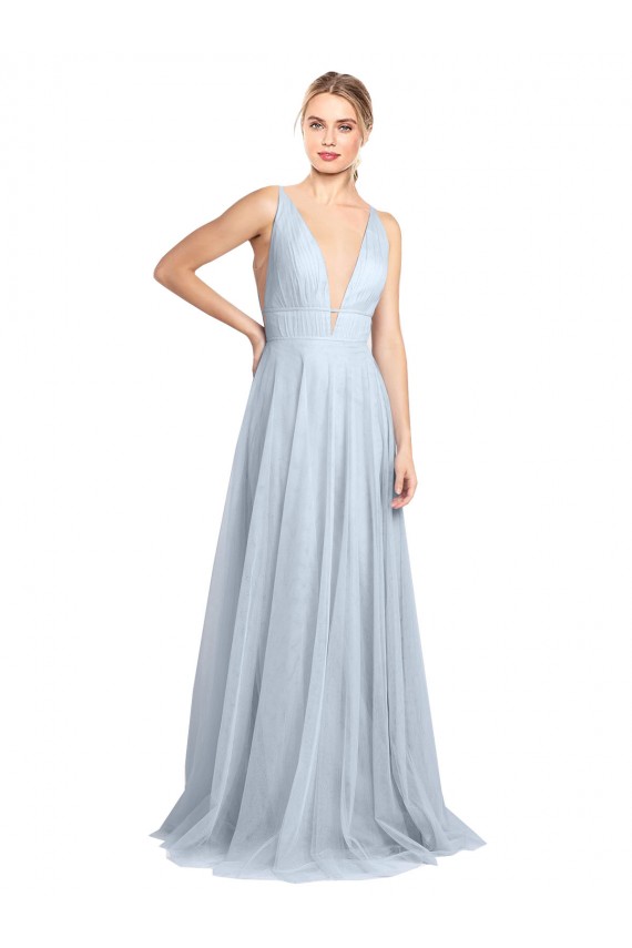 Bleu ciel clair Trapèze Bretelles spaghetti Col V Tulle Longue Robes demoiselle d'honneur Prix Réduit