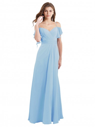 Bleu ciel clair Trapèze Bretelles spaghetti Mousseline Longue Robes demoiselle d'honneur Prix Réduit