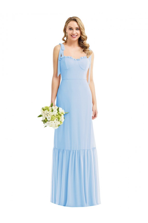 Bleu ciel clair Trapèze Bretelles spaghetti Mousseline Longue Robes demoiselle d'honneur Prix Réduit