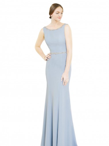 Bleu ciel clair Trapèze Col Bateau Col Haut Mousseline Longue Robes demoiselle d'honneur Prix Réduit