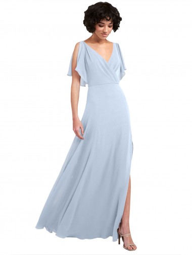 Bleu ciel clair Trapèze Col V Mousseline Longue Robes demoiselle d'honneur Prix Réduit