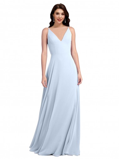 Bleu ciel clair Trapèze Col V Mousseline Longue Robes demoiselle d'honneur Prix Réduit