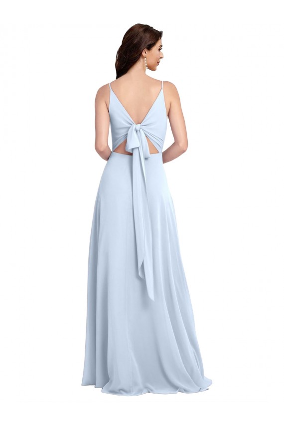 Bleu ciel clair Trapèze Col V Mousseline Longue Robes demoiselle d'honneur Prix Réduit