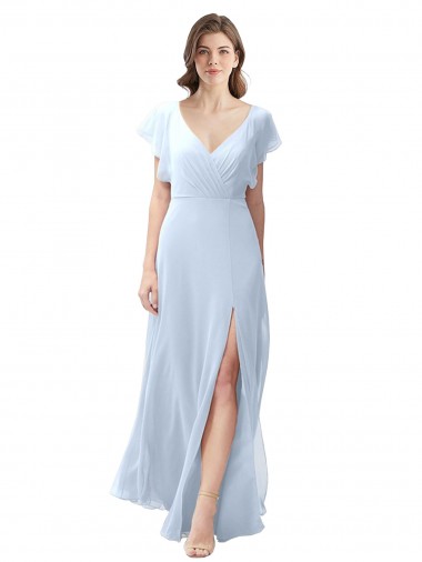 Bleu ciel clair Trapèze Col V Mousseline Longue Robes demoiselle d'honneur Prix Réduit