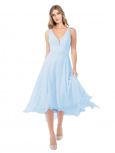 Bleu ciel clair Trapèze Col V midi Mousseline Courte Robes demoiselle d'honneur / Robes de cocktail Prix Réduit