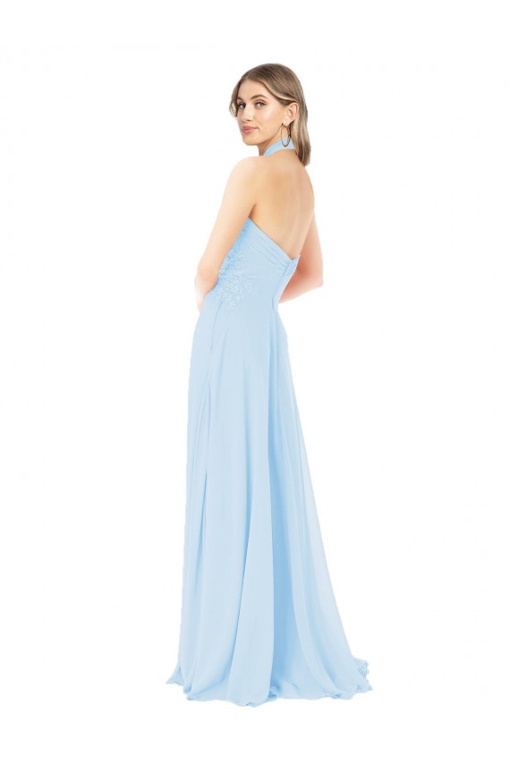 Bleu ciel clair Trapèze Licou Col Haut Mousseline Longue Robes demoiselle d'honneur Prix Réduit